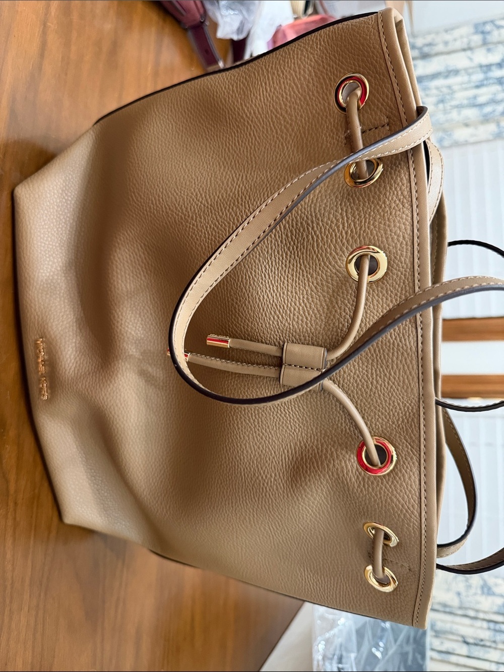 Michael Kors Pebbled Leather Drawstring Shoulder bucket Bag in Taupe - Picture 2 of 8